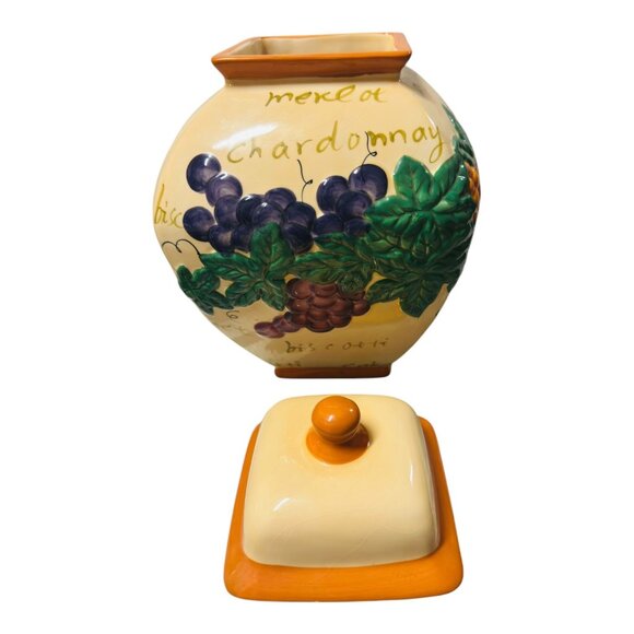 Vintage Nonni’s Handpainted Ceramic Biscotti Jar With Lid Grapes & Text  12.5 “ - Picture 4 of 10